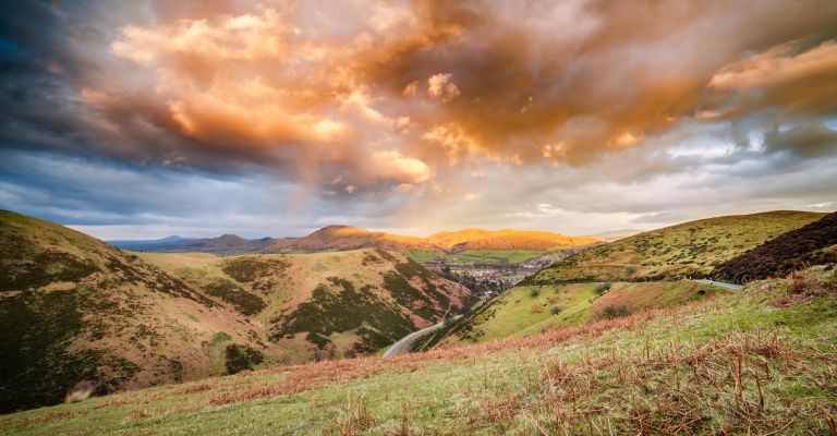 Dramatic sky over Carding Mill Valley, Shropshire, England